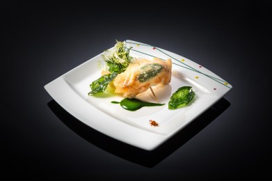 L'Atelier de Joël Robuchon - Crispy fried langoustine with basil pistou and bitter greens.jpg